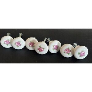 7 Vtg Porcelain Cabinet Drawer Pull Furniture Door Knobs White w Pink Roses Chic